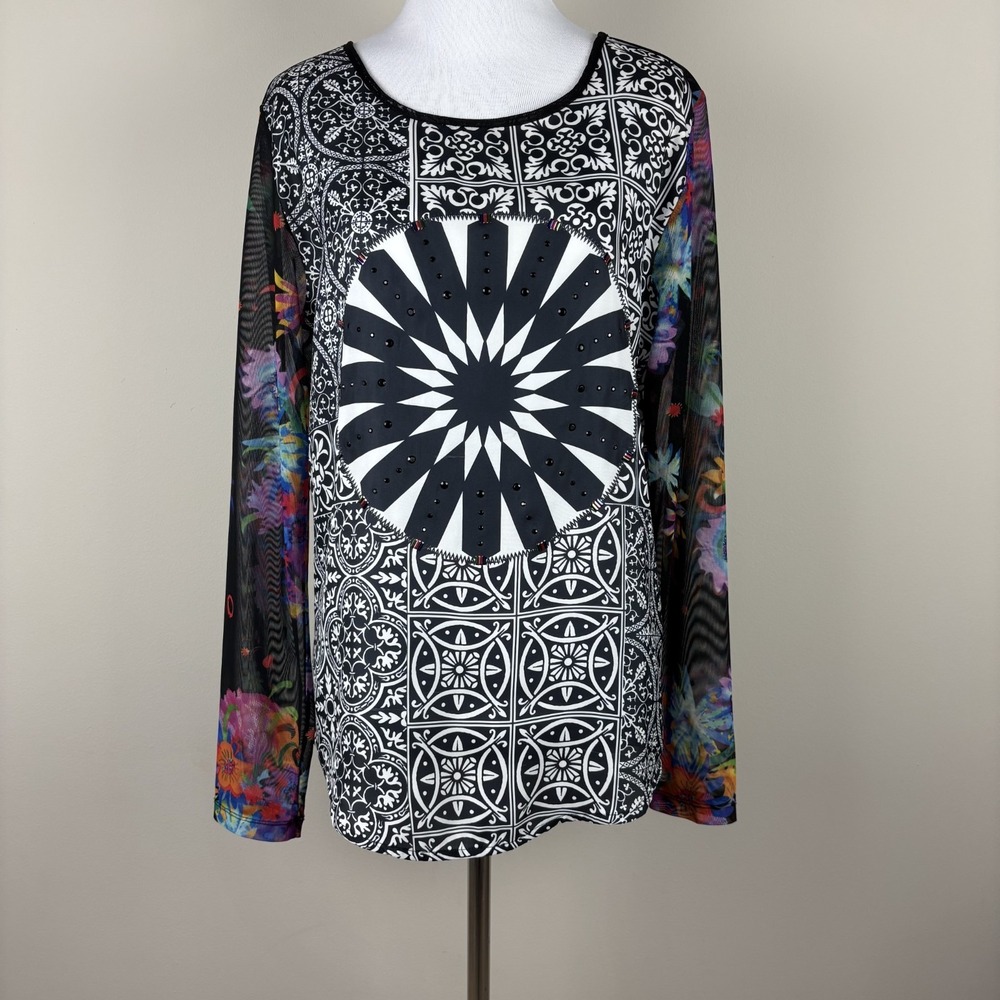 Desigual Top Womens Large Black Multicolor Floral Long Sheer Mesh Sleeve Y2K L